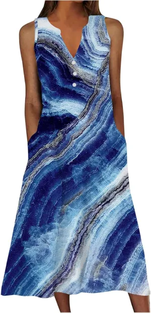 2025 Summer Dress Womens Clothes Sleeveless Boho Floral Tshirt Dress Casual Loose Beach Vacation Outfits Midi Dresses