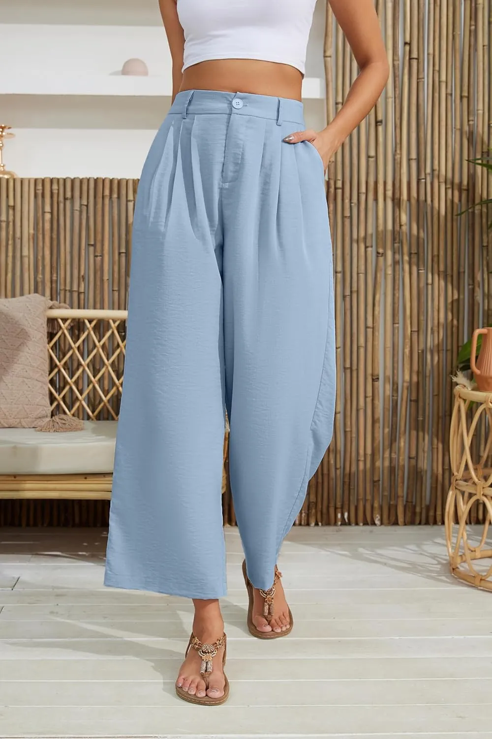 2025 Summer for Women Elastic Waist Wide Leg Cropped Pants Trousers Loose Fit with Pockets
