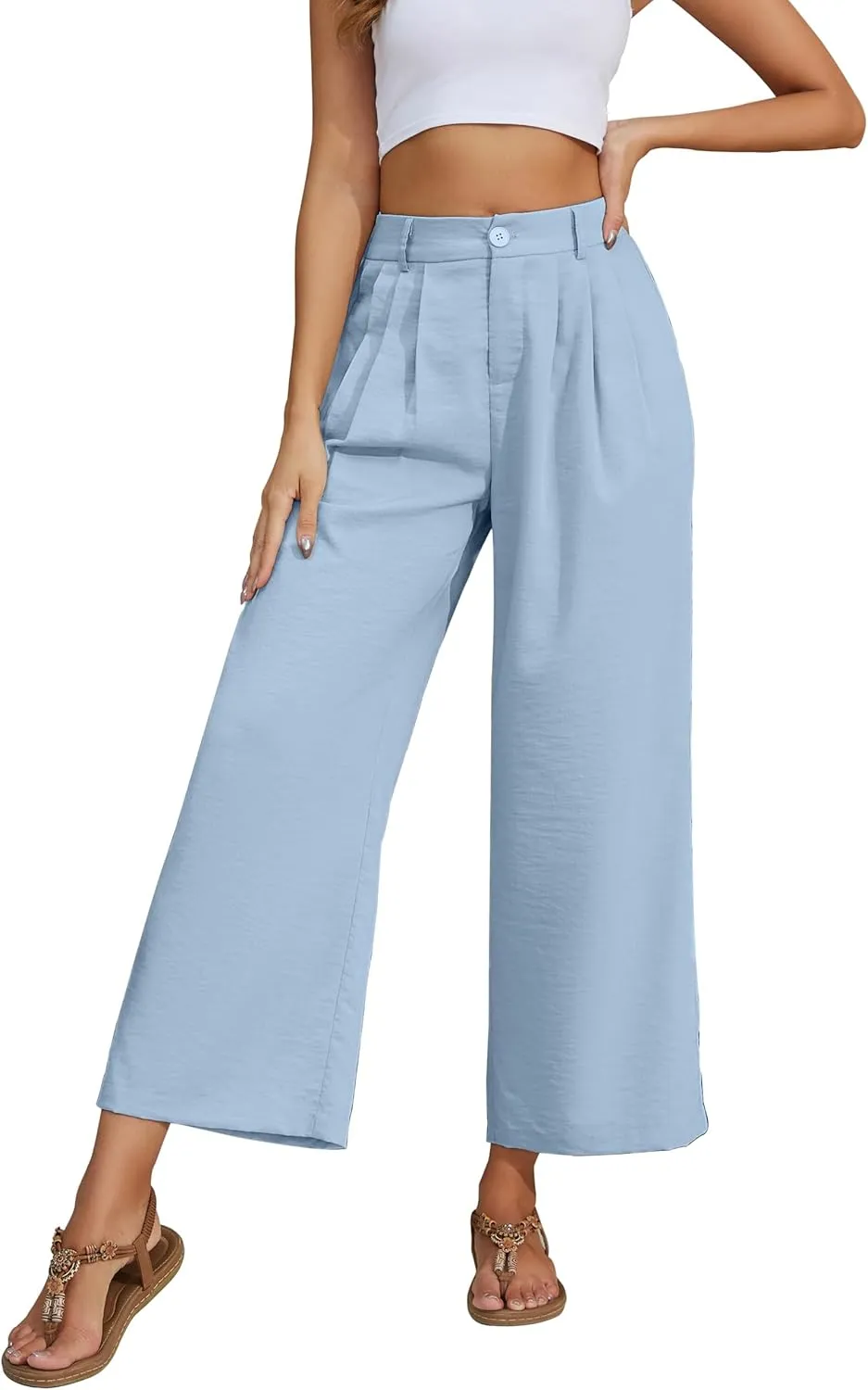 2025 Summer for Women Elastic Waist Wide Leg Cropped Pants Trousers Loose Fit with Pockets