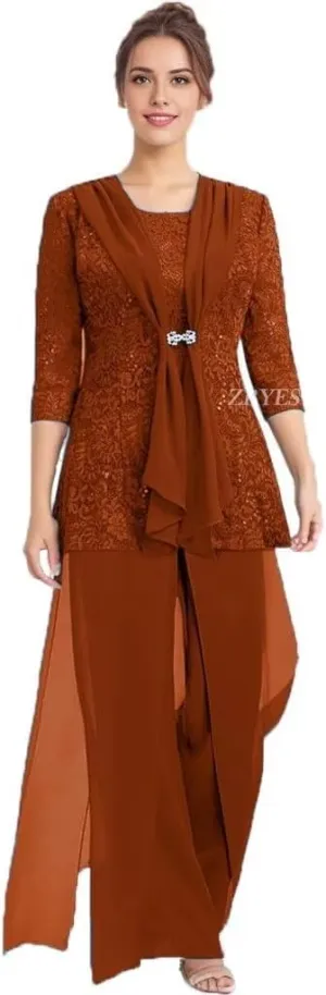 3 Pcs Mother of The Bride Pantsuit for Wedding Lace Sequins 3/4 Sleeves Formal Outfits with Jacket