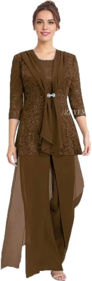 3 Pcs Mother of The Bride Pantsuit for Wedding Lace Sequins 3/4 Sleeves Formal Outfits with Jacket