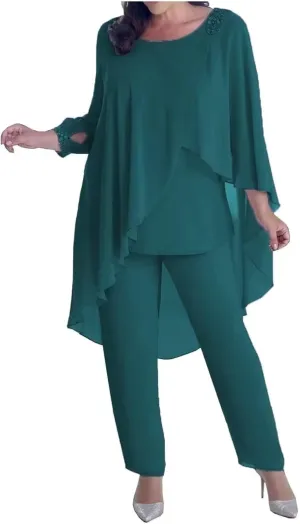 3 Pieces Pant Suits Mother of The Bride Dresses for Wedding Chiffon Beaded Formal Gowns with Sleeves
