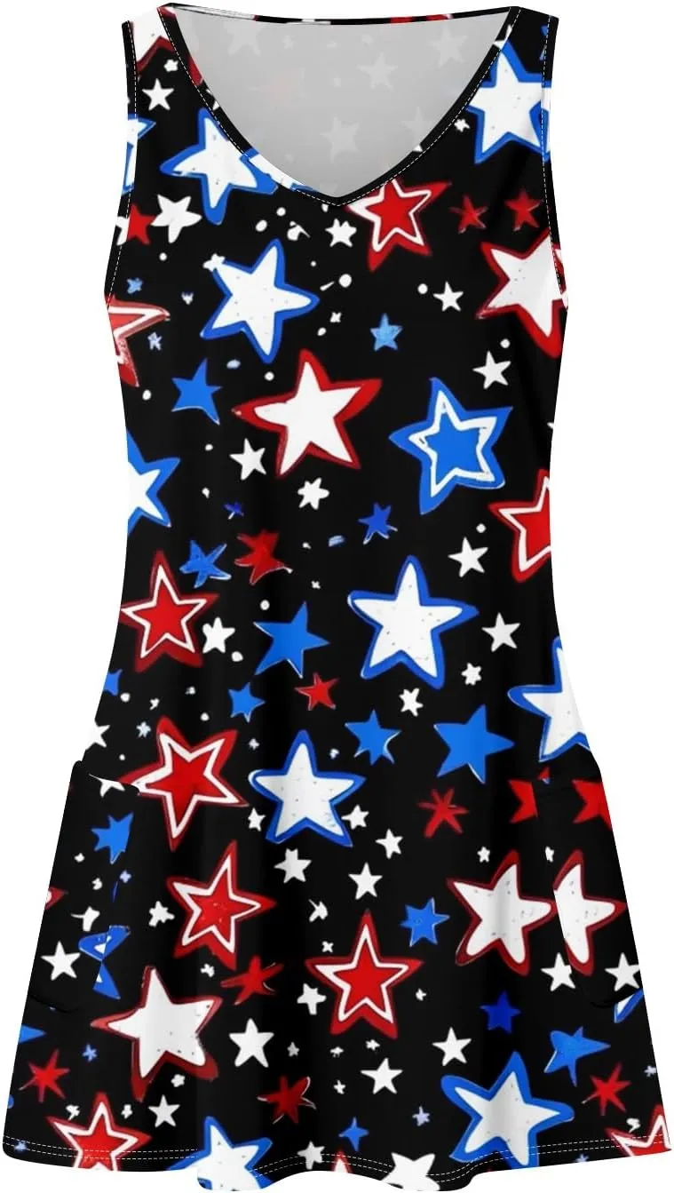 4th of July Dress Women Summer Dresses 2025 Casual Sleeveless V Neck Red White Blue Tank Loose Sundress Pocket