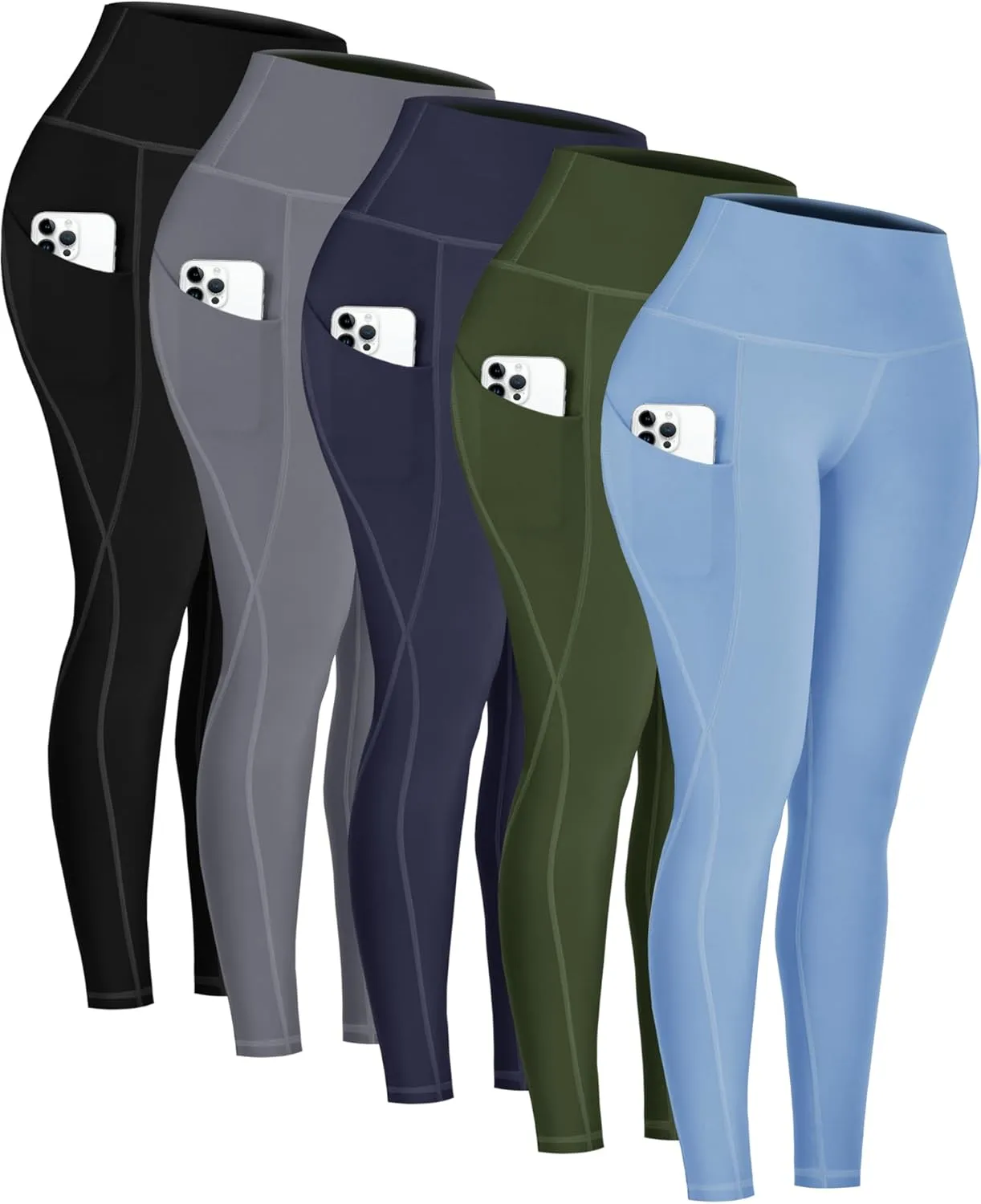 5 Pack Leggings with Pockets for Women - High Waisted Tummy Control Workout Gym Yoga Pants