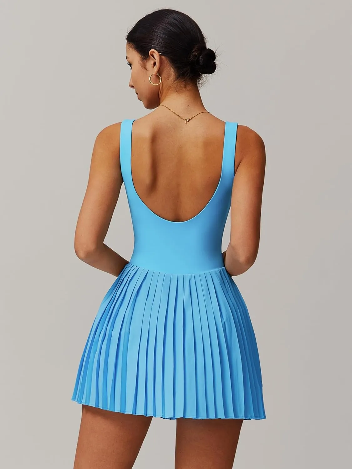 ABOCIW Womens Square Neck Tennis Dress Built in Shorts Pleated Backless Golf Athletic Dress with Pockets