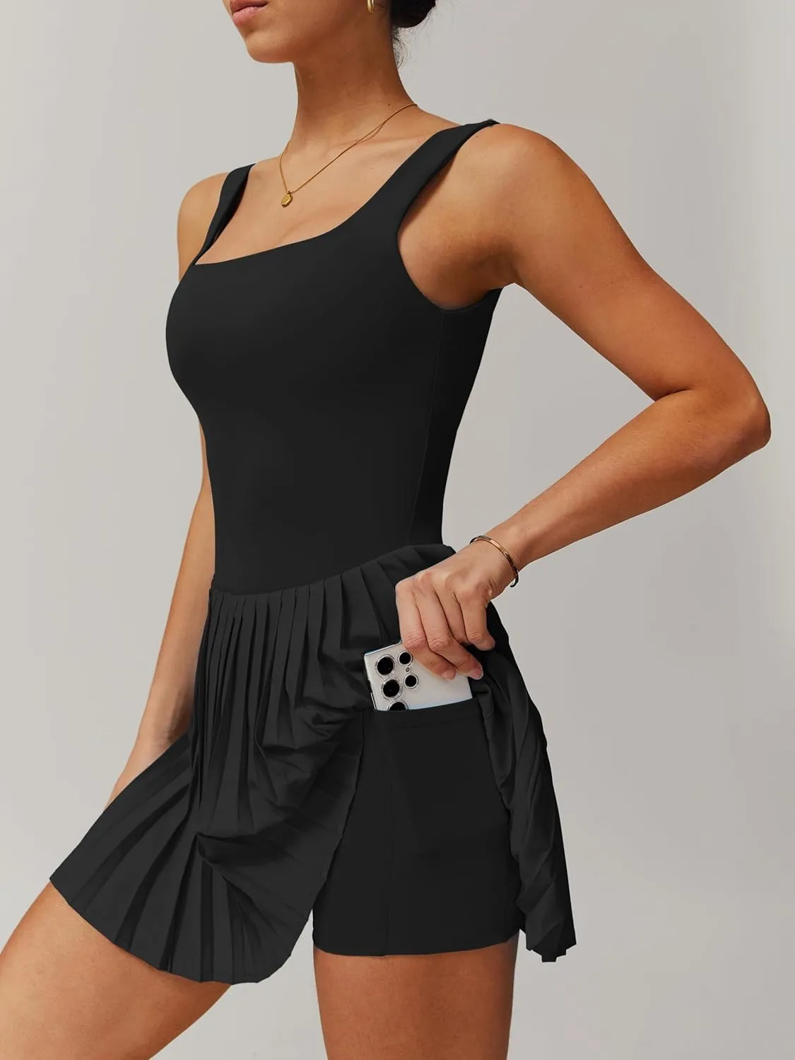 ABOCIW Womens Square Neck Tennis Dress Built in Shorts Pleated Backless Golf Athletic Dress with Pockets