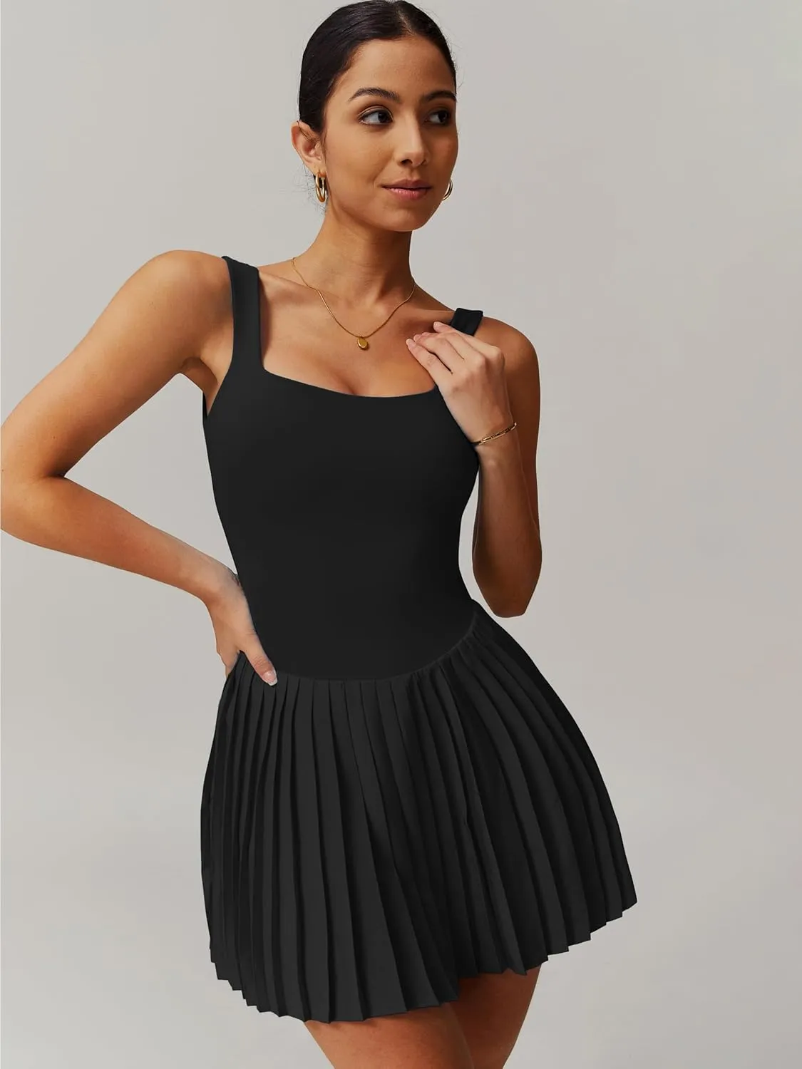 ABOCIW Womens Square Neck Tennis Dress Built in Shorts Pleated Backless Golf Athletic Dress with Pockets