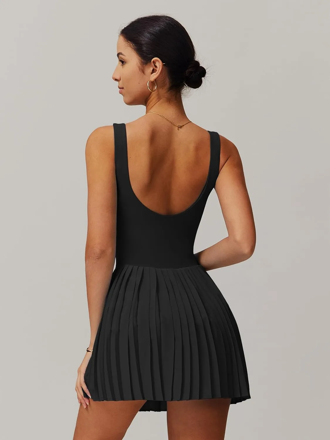 ABOCIW Womens Square Neck Tennis Dress Built in Shorts Pleated Backless Golf Athletic Dress with Pockets