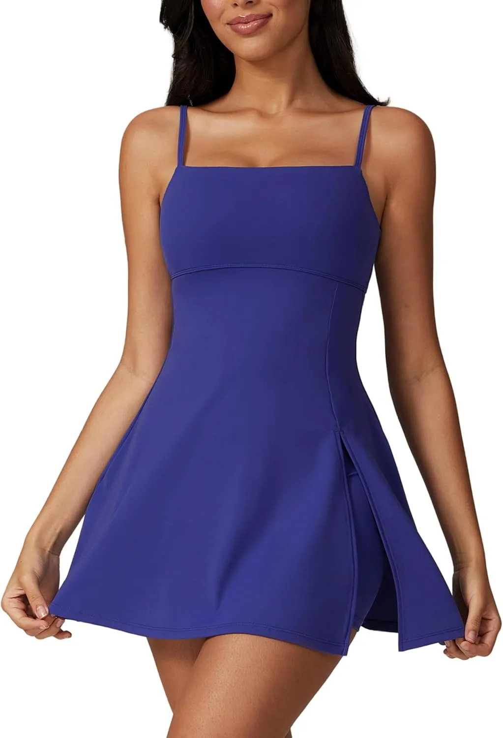 ABOCIW Womens Square Neck Tennis Dress with Shorts Spaghetti Strap Backless Workout Side Slit Athletic Golf Dresses