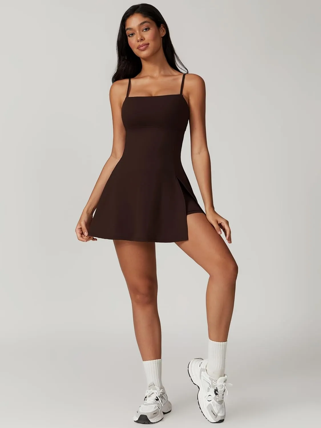 ABOCIW Womens Square Neck Tennis Dress with Shorts Spaghetti Strap Backless Workout Side Slit Athletic Golf Dresses