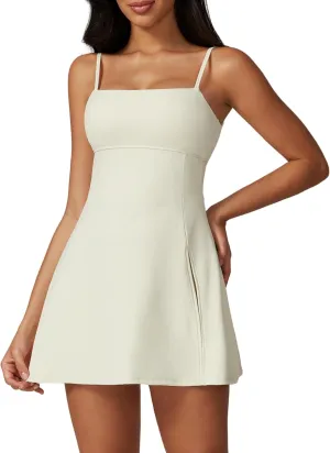 ABOCIW Womens Square Neck Tennis Dress with Shorts Spaghetti Strap Backless Workout Side Slit Athletic Golf Dresses