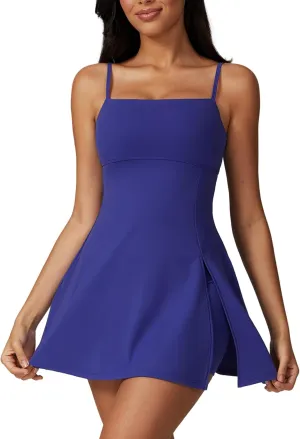 ABOCIW Womens Square Neck Tennis Dress with Shorts Spaghetti Strap Backless Workout Side Slit Athletic Golf Dresses