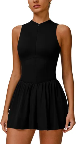 ABOCIW Womens Zip Front Tennis Dress High Neck Sleeveless Workout Golf Dresses Build in Shorts with Pockets