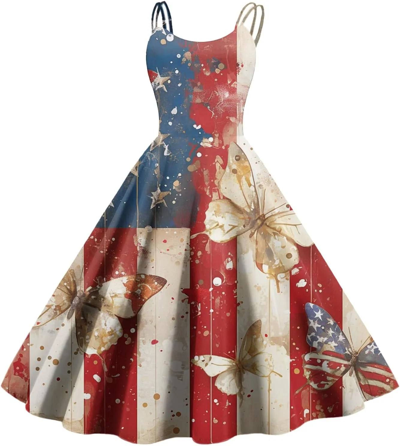 ADHOWBEW 4th of July Dress Women 2025 Sexy Holiday USA American Flag Flowy Sleeveless Graphic Plus Size Dresses