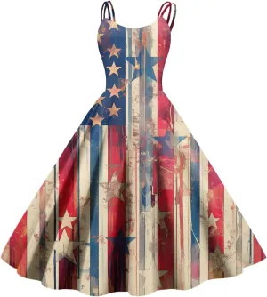 ADHOWBEW 4th of July Dress Women 2025 Sexy Holiday USA American Flag Flowy Sleeveless Graphic Plus Size Dresses