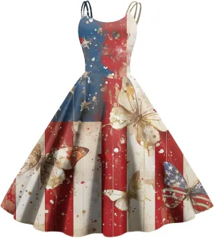 ADHOWBEW 4th of July Dress Women 2025 Sexy Holiday USA American Flag Flowy Sleeveless Graphic Plus Size Dresses