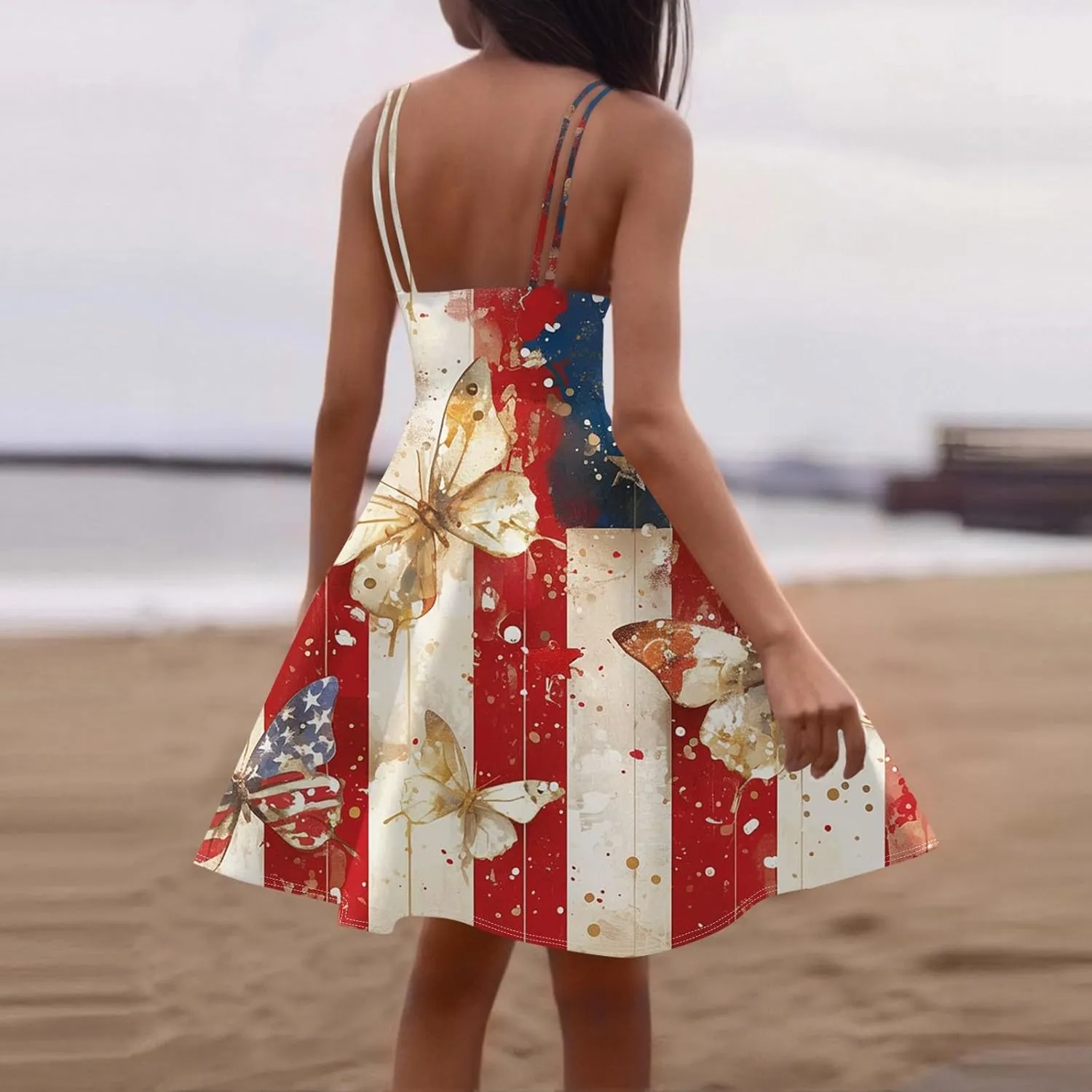 ADHOWBEW 4th of July Dress Women 2025 Sexy Holiday USA American Flag Flowy Sleeveless Graphic Plus Size Dresses