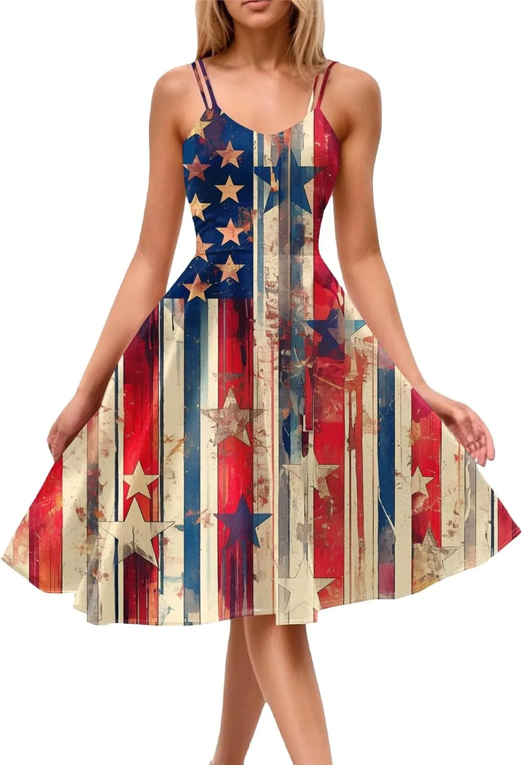 ADHOWBEW 4th of July Dress Women 2025 Sexy Holiday USA American Flag Flowy Sleeveless Graphic Plus Size Dresses