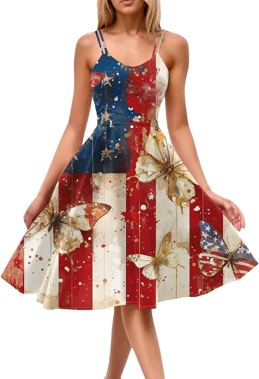 ADHOWBEW 4th of July Dress Women 2025 Sexy Holiday USA American Flag Flowy Sleeveless Graphic Plus Size Dresses