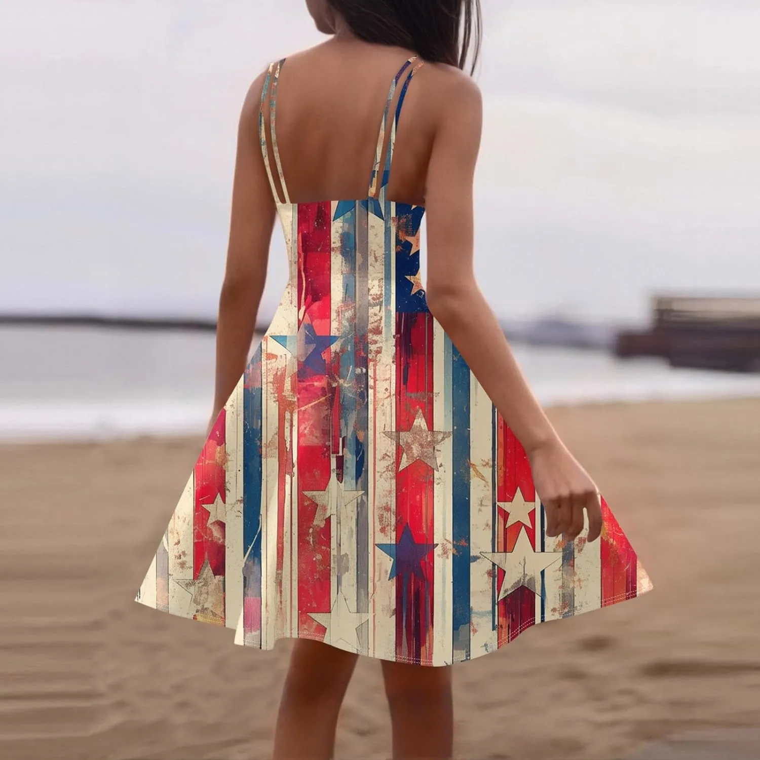 ADHOWBEW 4th of July Dress Women 2025 Sexy Holiday USA American Flag Flowy Sleeveless Graphic Plus Size Dresses