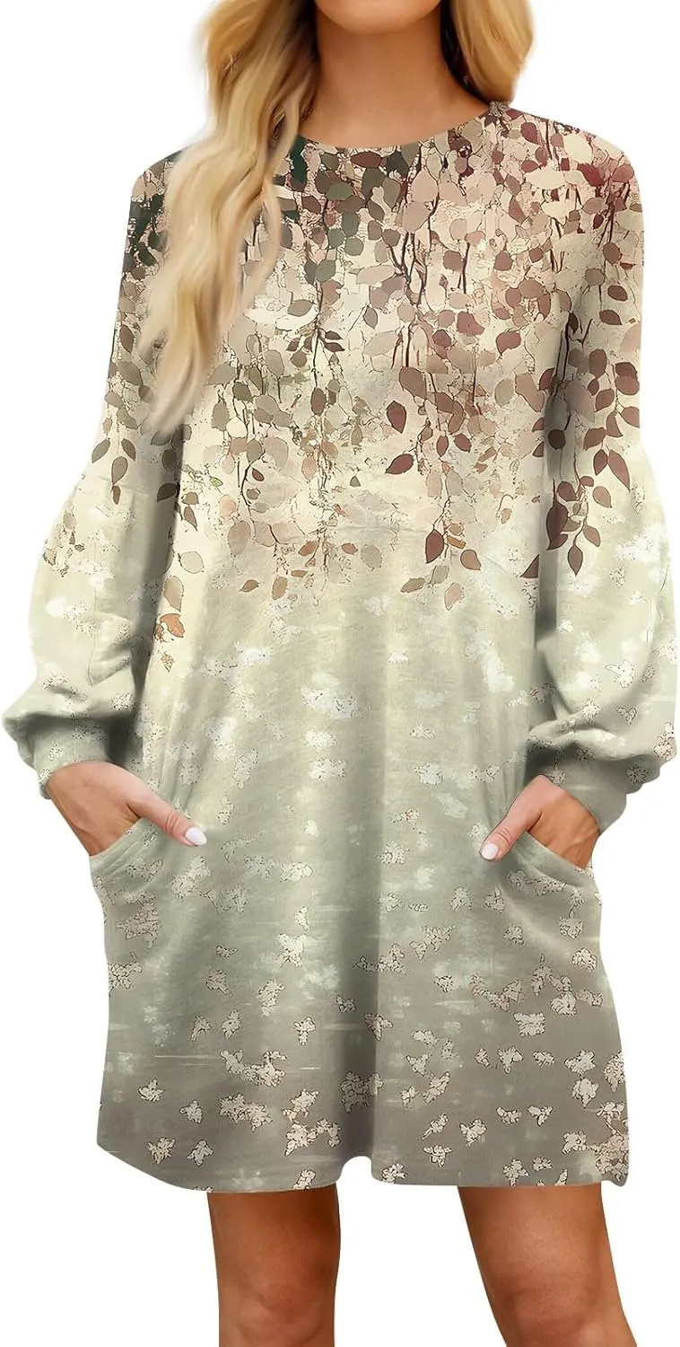 ADHOWBEW Dresses for Women 2025 Round Neck Sexy Plus Size Casual Trendy Long Sleeve Work Dress Long Sleeve