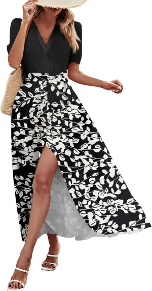 ADHOWBEW Women Dresses 2025 Vacation Boho Short Sleeve Split A Line Flowy Beach Sexy Plus Size V Neck Wrap Maxi Dress