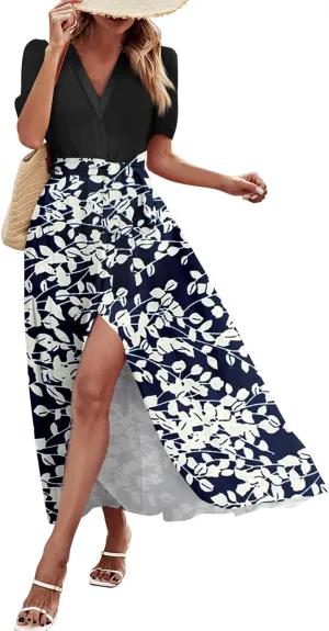 ADHOWBEW Women Dresses 2025 Vacation Boho Short Sleeve Split A Line Flowy Beach Sexy Plus Size V Neck Wrap Maxi Dress