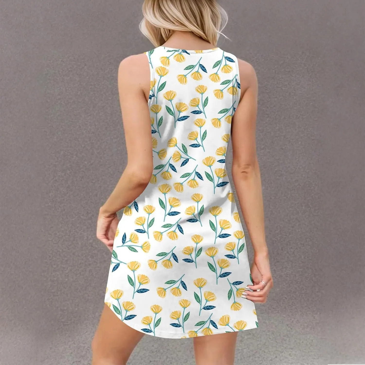 ADHOWBEW Womens Spring Dress Hawaiian V Neck Loose Fit Tropical Print Sexy Casual Comfy Trendy Cute Sleeveless Tank Dresses