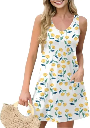 ADHOWBEW Womens Spring Dress Hawaiian V Neck Loose Fit Tropical Print Sexy Casual Comfy Trendy Cute Sleeveless Tank Dresses