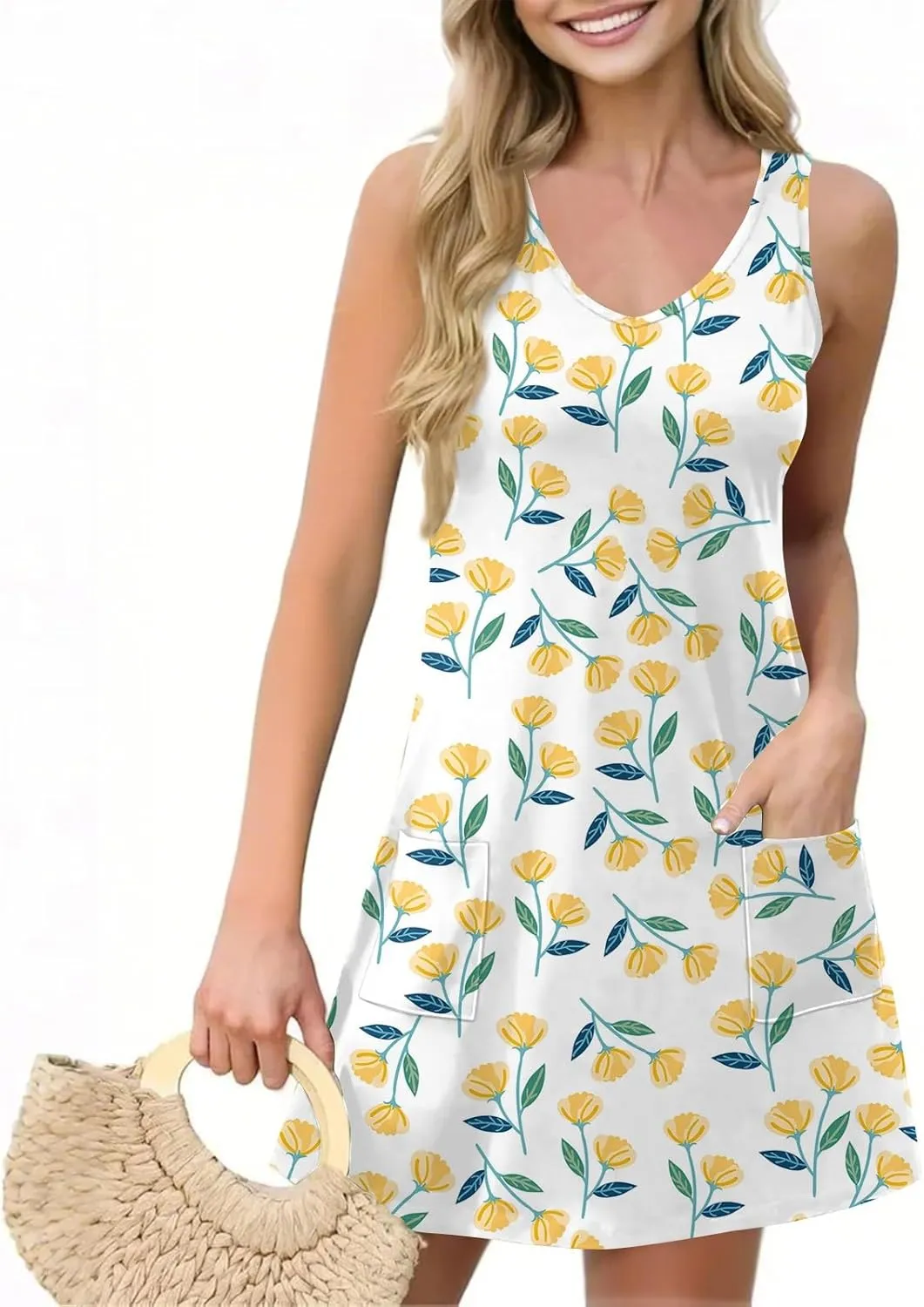 ADHOWBEW Womens Spring Dress Hawaiian V Neck Loose Fit Tropical Print Sexy Casual Comfy Trendy Cute Sleeveless Tank Dresses