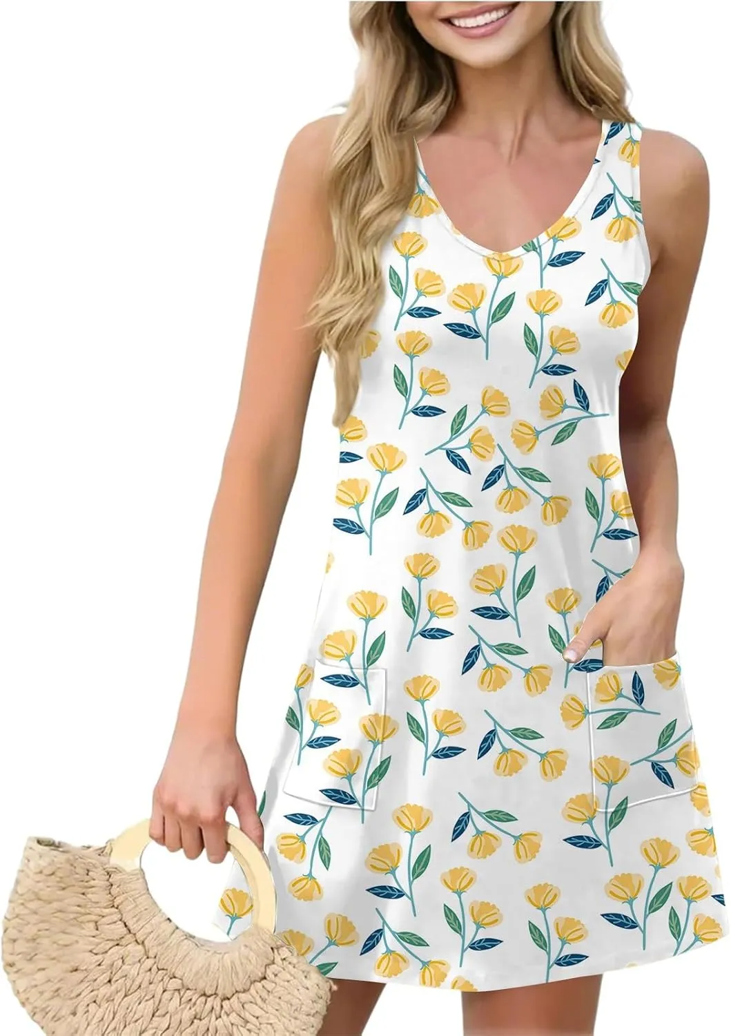 ADHOWBEW Womens Spring Dress Hawaiian V Neck Loose Fit Tropical Print Sexy Casual Comfy Trendy Cute Sleeveless Tank Dresses