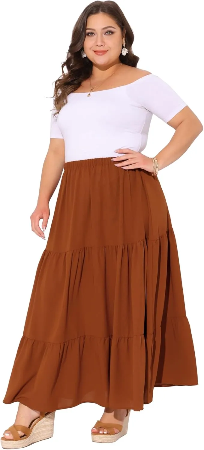 Agnes Orinda Plus Size Women's Swing Maxi Skirt Elastic High Waist Boho Flowy Casual Aline Long Beach Skirts
