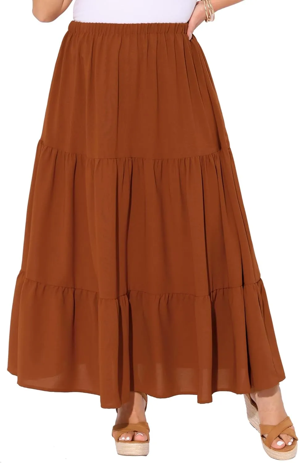 Agnes Orinda Plus Size Women's Swing Maxi Skirt Elastic High Waist Boho Flowy Casual Aline Long Beach Skirts