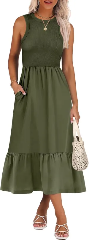 ANRABESS Women Midi Dresses 2025 Summer Casual Sleeveless Sundress High Neck Tank Top Racerback Flowy Beach Dress  Pockets
