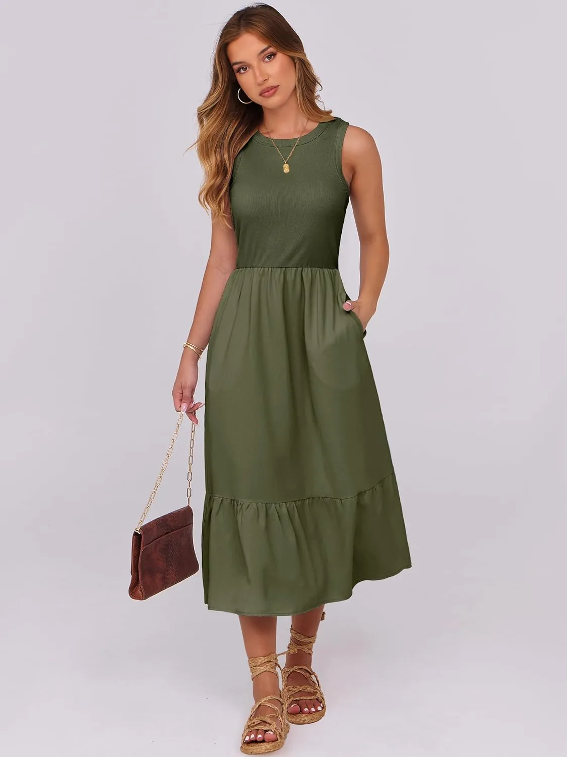 ANRABESS Women Midi Dresses 2025 Summer Casual Sleeveless Sundress High Neck Tank Top Racerback Flowy Beach Dress  Pockets