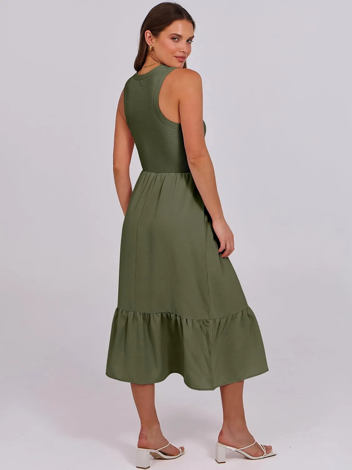 ANRABESS Women Midi Dresses 2025 Summer Casual Sleeveless Sundress High Neck Tank Top Racerback Flowy Beach Dress  Pockets