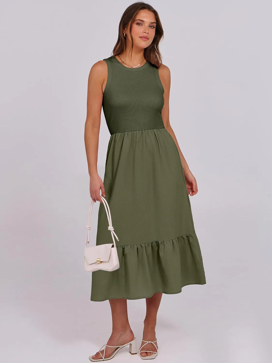 ANRABESS Women Midi Dresses 2025 Summer Casual Sleeveless Sundress High Neck Tank Top Racerback Flowy Beach Dress  Pockets
