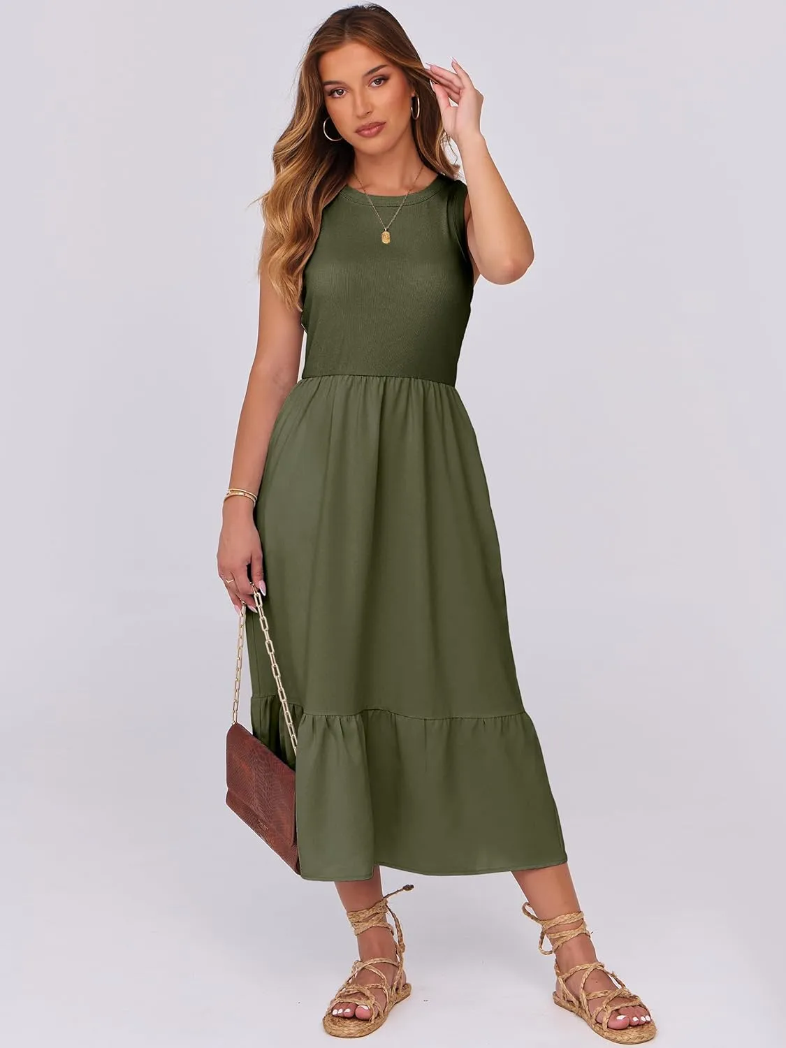 ANRABESS Women Midi Dresses 2025 Summer Casual Sleeveless Sundress High Neck Tank Top Racerback Flowy Beach Dress  Pockets