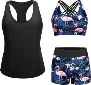 Aqua Eve 3 Piece Athletic Tankini Swimsuits for Women with Swim Tank Tops with Boy Shorts and Sports Bra Modest Bathing Suit