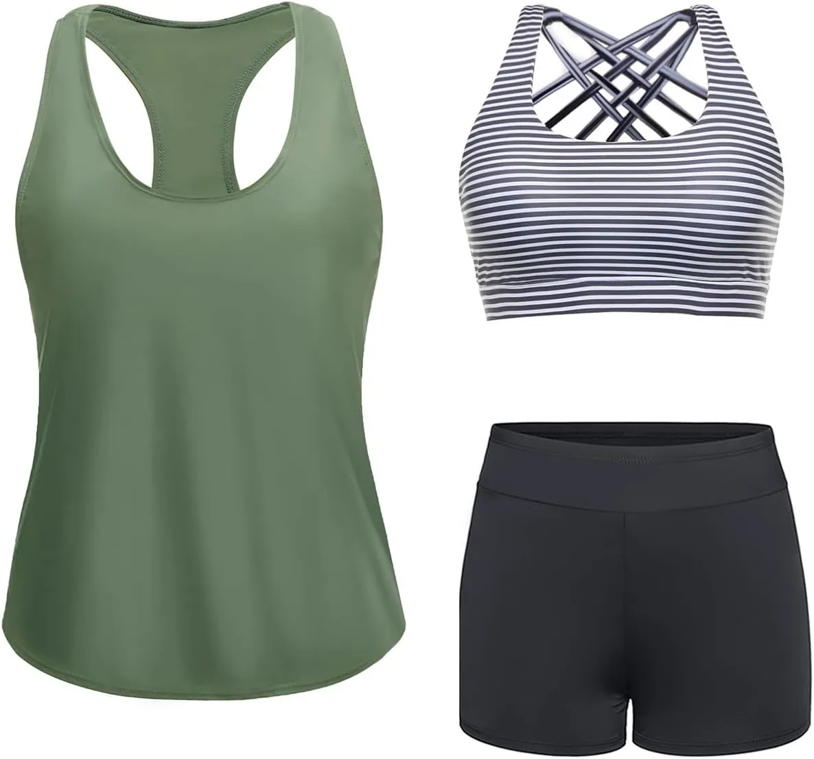 Aqua Eve 3 Piece Athletic Tankini Swimsuits for Women with Swim Tank Tops with Boy Shorts and Sports Bra Modest Bathing Suit