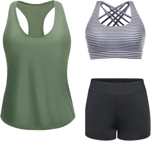 Aqua Eve 3 Piece Athletic Tankini Swimsuits for Women with Swim Tank Tops with Boy Shorts and Sports Bra Modest Bathing Suit
