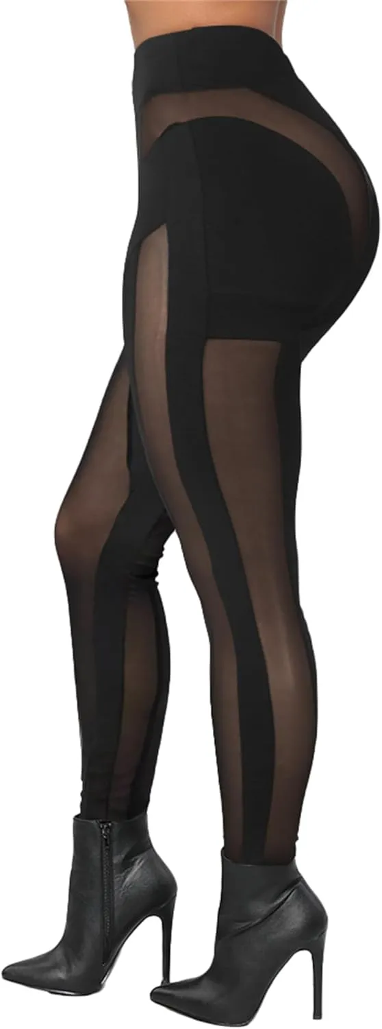 Atyfuniby Womens Leggings High Waisted - Sexy Skinny Mesh See Through Pants Party Clubwear