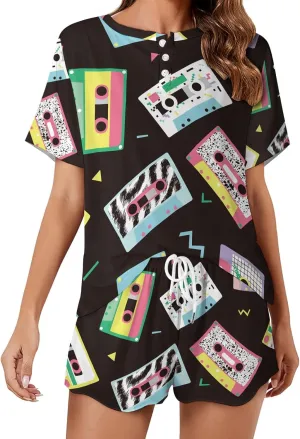 audio tapes in retro 80s style Pajama Set for Women 2 Piece Sleepwear Loungewear Short Sleeve PJ S