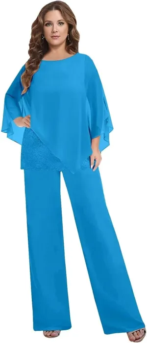 BANTRATIC Dressy 2 Pieces Mother of The Bride Pantsuits for Women Chiffon Cape Formal Guest Evening Prom Cocktail Pant Outfit