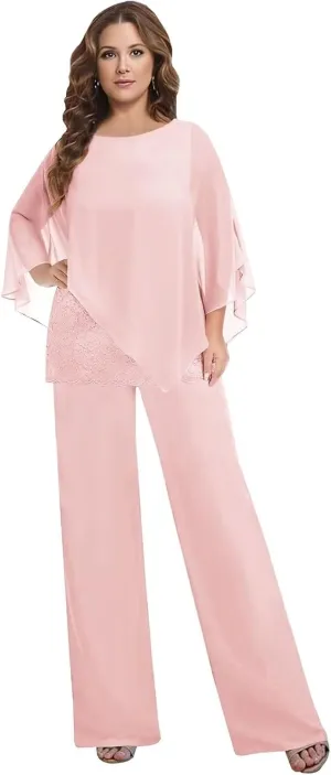 BANTRATIC Dressy 2 Pieces Mother of The Bride Pantsuits for Women Chiffon Cape Formal Guest Evening Prom Cocktail Pant Outfit