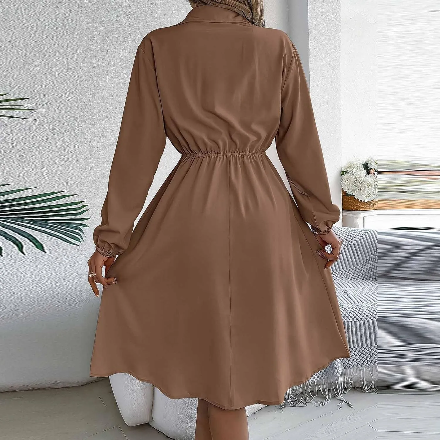 BAXLIMEK Midi Dresses for Women,2025 Spring Elegant Trendy Long Sleeve Dress Flowy Pleated A Line Vacation Dress Work Outfits