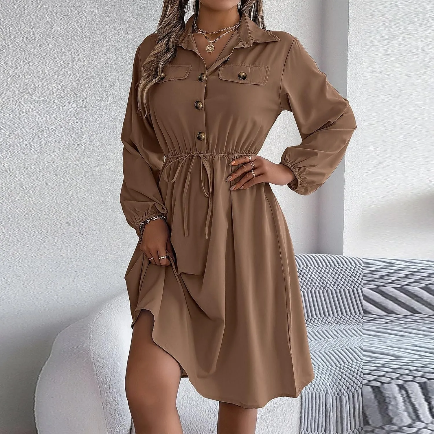 BAXLIMEK Midi Dresses for Women,2025 Spring Elegant Trendy Long Sleeve Dress Flowy Pleated A Line Vacation Dress Work Outfits