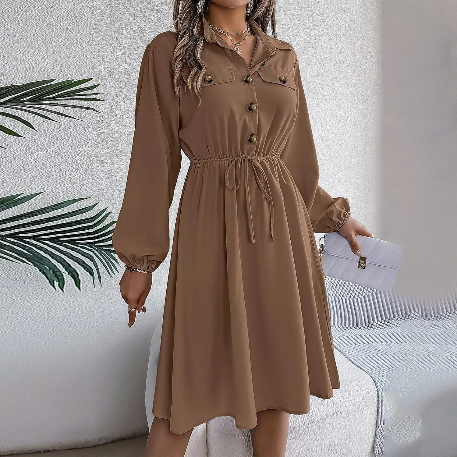 BAXLIMEK Midi Dresses for Women,2025 Spring Elegant Trendy Long Sleeve Dress Flowy Pleated A Line Vacation Dress Work Outfits