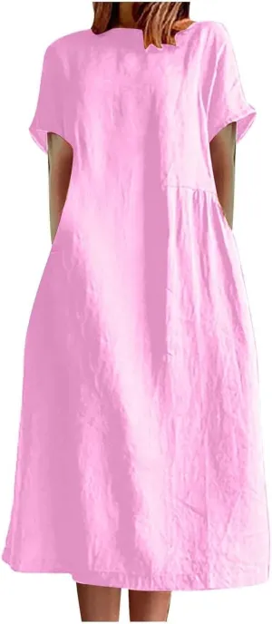 Beach Dresses for Women 2025 Vacation Summer Short Sleeve Cotton Linen Midi Dress Flowy Dresses Shirt Dress with Pocket