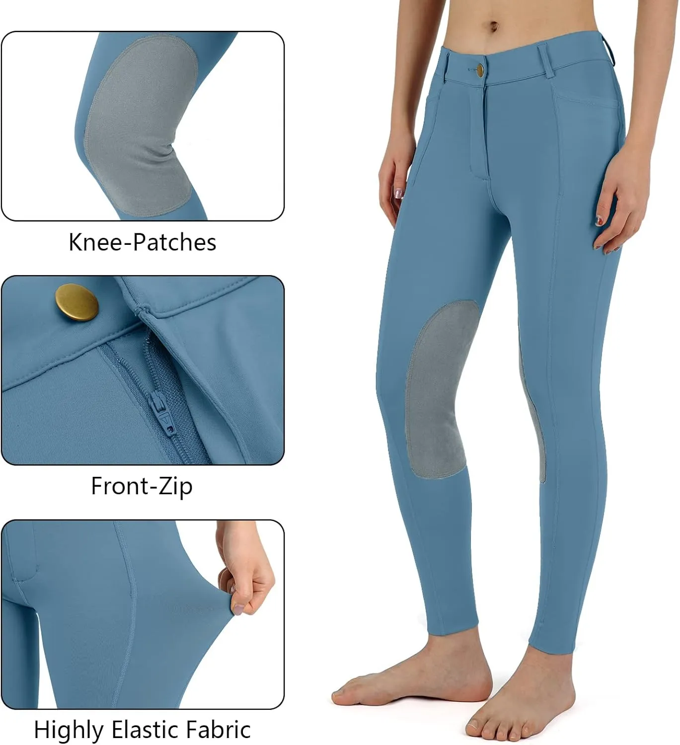 beroy Kids Horse Riding Knee-Patches Pants Girls Equestrian Front-Zip Breeches Legging with Pockets